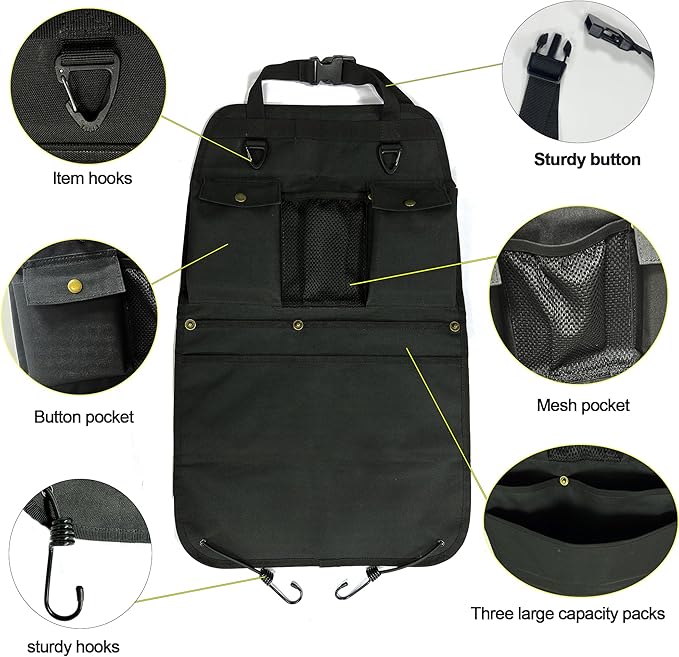 BEATUNEE Black Car Seat Back Organizer with Multiple Pockets and Hooks