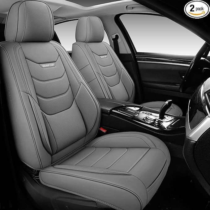 WENNFOUR Car Seat Covers Front Seats Only, Universal Luxury Automotive Car Seat Protector 2 Pack, Waterproof Breathable Leather Car Seat Cushion for Most Vehicles SUV Pick-up Truck, Grey