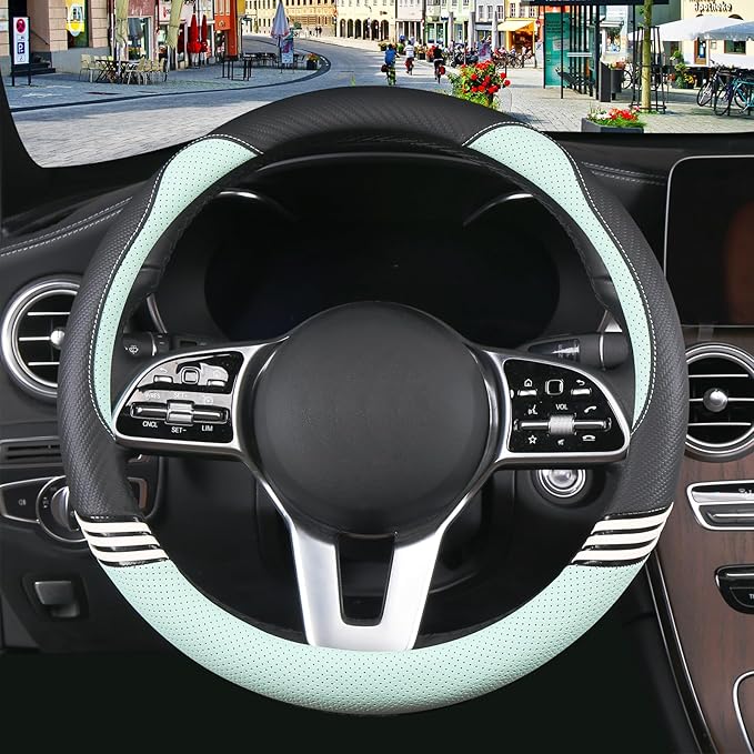 Cute Steering Wheel Cover for Women Men Leather Universal 15 inch,Black and Green
