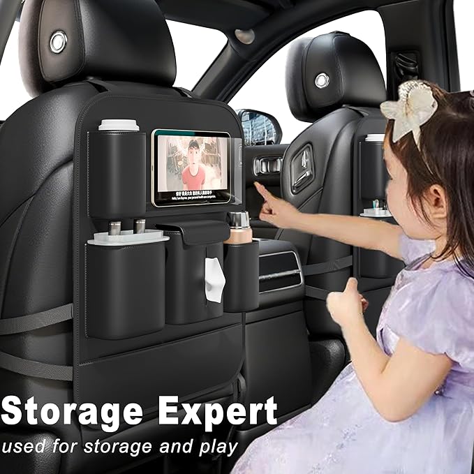 GMQ Backseat Car Organizer with Touch Screen,Protectors Kick Mats Travel Accessories for Kids,Multifunctional Seat Back Organizer Car Travel Organizer Accessories (Black, 1PC)