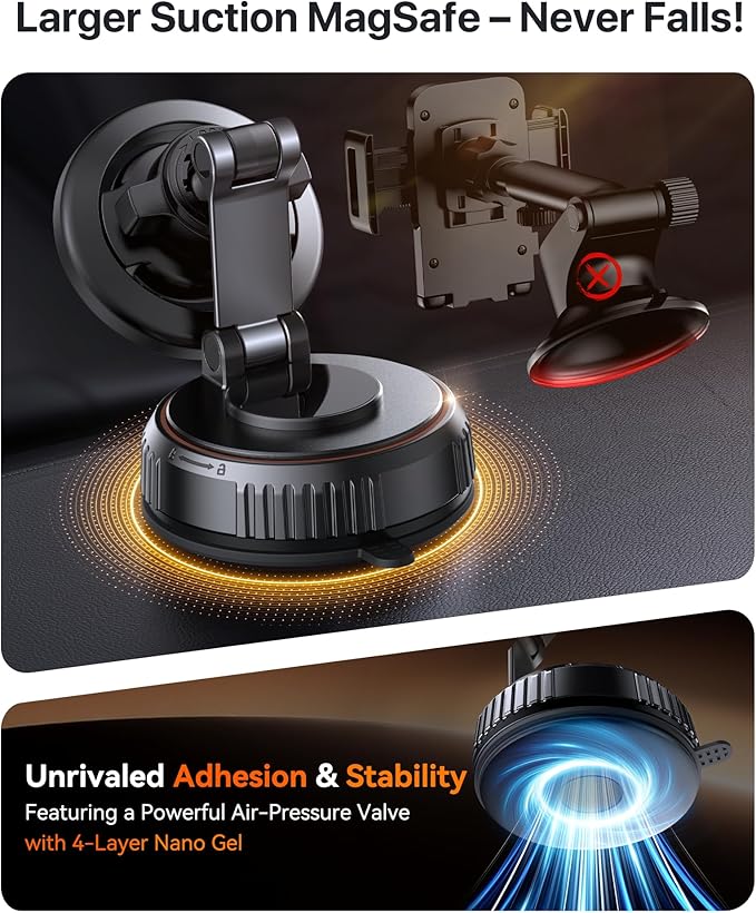 Miracase for Magsafe Car Mount, [Oversized Suction Base & 3600gf Magnetic] Vacuum Magnetic Phone Holders for Your Car, 360° Adjustable Cell Phone Mount for iPhone 17 Pro Max 16 15 14 13 12