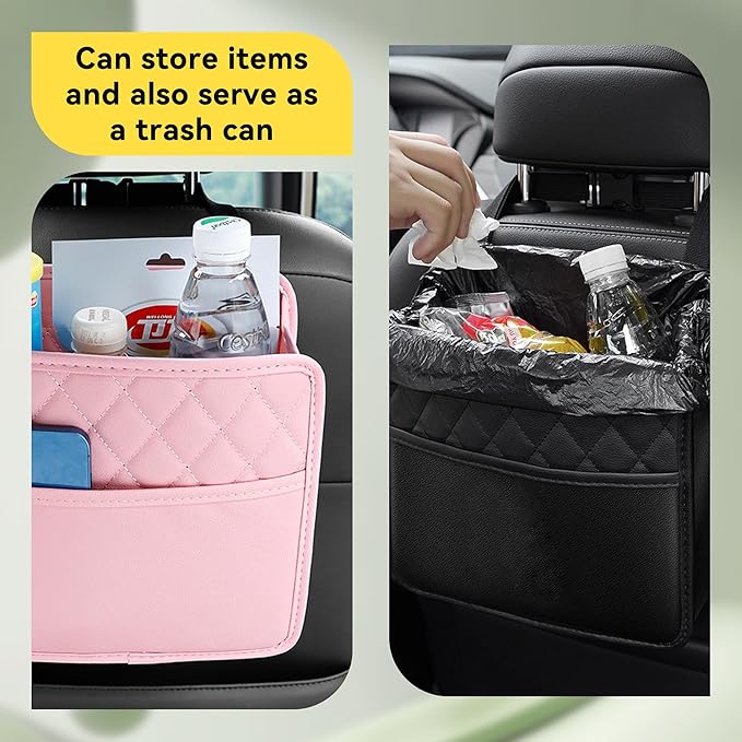 Car Seat Back Organizer, PU Leather Vehicle Backseat Hanging Storage Pocket, Multipurpose Auto Travel Essentials Accessories for Kids & Adults, Universal for Most Cars (Pink)