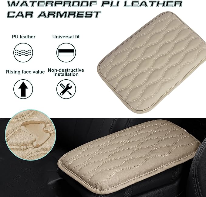 x xotic tech Car Center Console Cushion Pad, Universal Waterproof Leather Armrest Seat Box Cover Protector Auto Interior Accessories for Most Cars, SUV, Truck 7.8" x 12" (Beige)