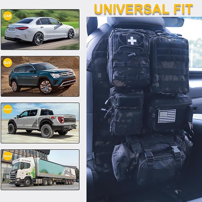 Universal Tactical Car Seat Back Organizer Bag Tactical Molle Vehicle Organizers Panel Vehicle Protector Organizers with 5 Detachable Pouches for Car (Upgraded B BCA)