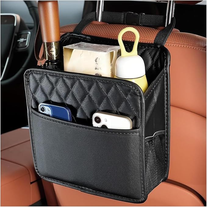 Car Seat Back Organizer, Large Capacity Foldable Car Seat Back Hanging Bag with 3 Extra Pockets, Waterproof Leather Auto Seats Storage Organizer, Car Travel Essentials Accessories (Black)