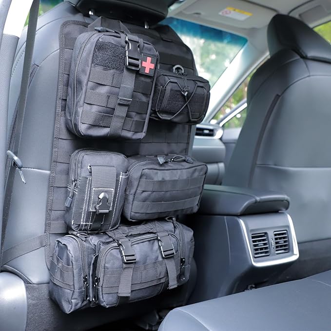 truck seat organizer and storage tactical car back seat back organizer with a Molle Vehicle Panel and 5 Different Size Molle Pouches for most models such as Jeep,SUV,Pickup (Black)