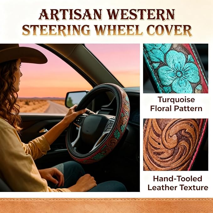 Retro Western Cowboy Car Universal Steering Wheel Cover – Western Steering Wheel Cover for Men & Women - 15 Inch Embossed Leather Anti-Slip Grip–Universal Fit for Truck, SUV, Car (D)