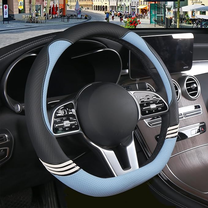 Cute Steering Wheel Cover D Shape for Women Men Breathable Universal 15 inch,Black and Blue