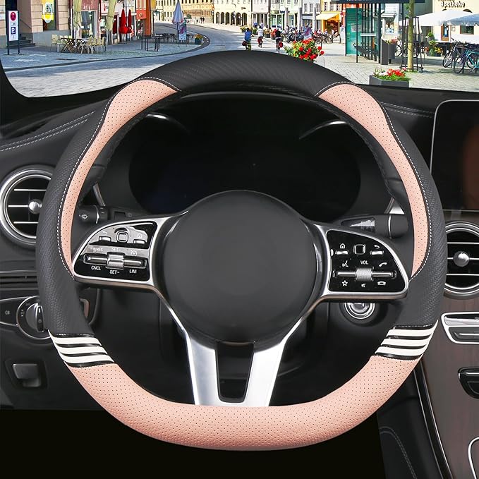 Cute Steering Wheel Cover D Shape for Women Men Breathable Universal 15 inch,Black and Pink