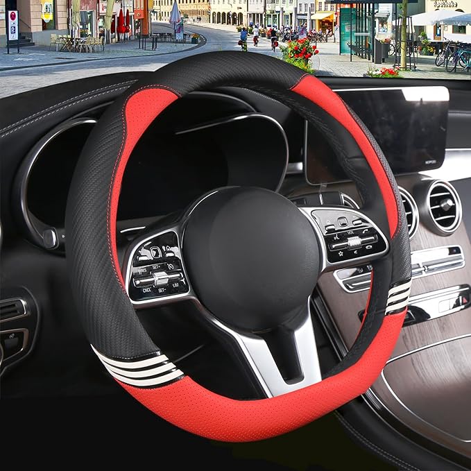Cute Steering Wheel Cover D Shape for Women Men Breathable Universal 15 inch,Black and Red
