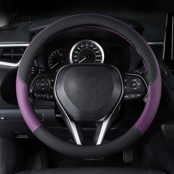 Automotive Steering Wheel Cover Leather Anti Slip Wrap 15",Purple