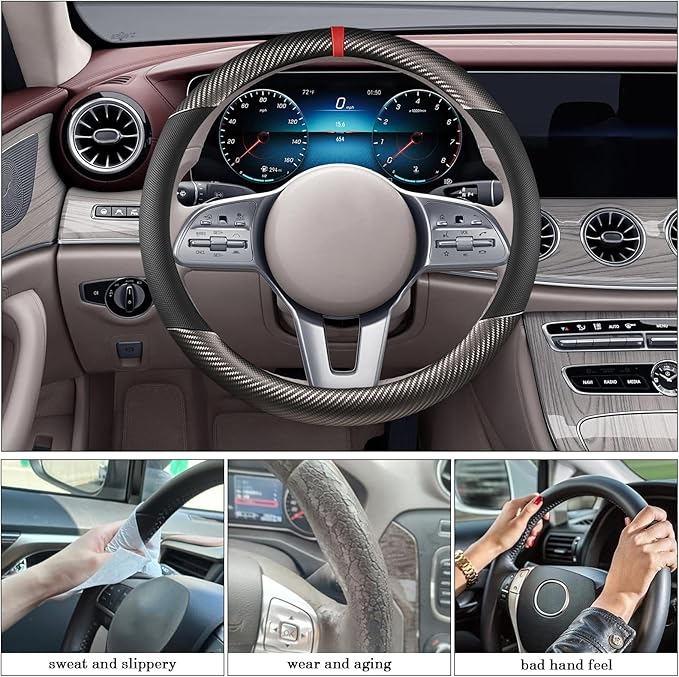 Black & Grey Carbon Fiber Leather Steering Wheel Cover, Microfiber Leather, Anti-Slip, Breathable, Universal Fit for 14.5–15 in Steering Wheel Cover for Men Women