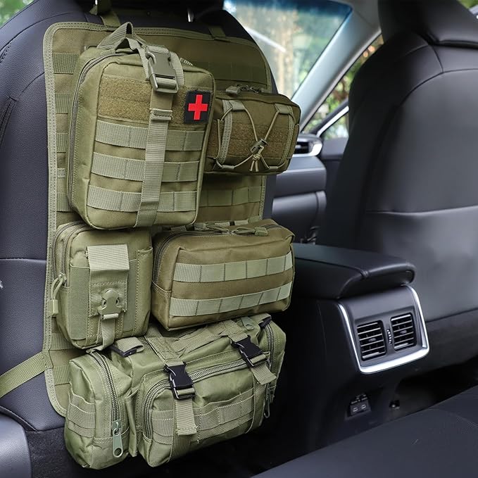 truck seat organizer and storage tactical car back seat back organizer with a Molle Vehicle Panel and 5 Different Size Molle Pouches for most models such as Jeep,SUV,Pickup(Army green)