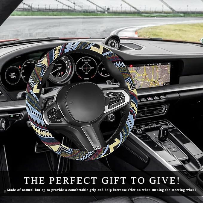 Boho Car Steering Wheel Cover, Ethnic Style Anti-Slip Coarse Flax Cloth Auto Wheel Cover, Bohemian Steering Wheel Protector for Most SUVs Vans Trucks, Car Accessories (Style H)