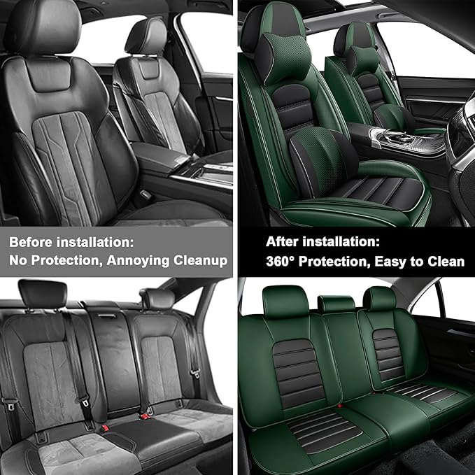 AREKA 5 Car Seat Covers for Honda Accord 2003-2026 Breathable Leather,Waterproof Car Seat Protectors with Comfort Headrest Pillows,Automotive Vehicle Cushion with Storage Pockets (Luxury,Green)