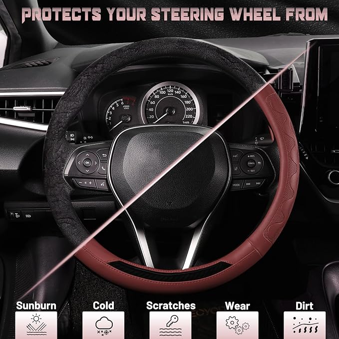 SEG Direct Car Steering Wheel Cover Medium Size 14 1/2"-15" Embossed Microfiber Leather with Carbon Fiber Pattern Burgundy