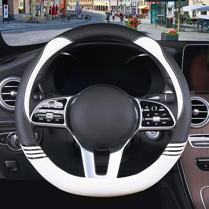 Cute Steering Wheel Cover D Shape for Women Men Breathable Universal 15 inch,Black and White