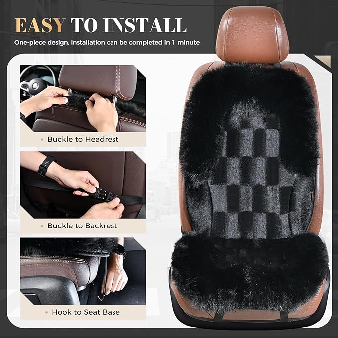 Coverado Sheepskin Car Seat Cover, Fluffy Fuzzy Long Plush Seat Covers, Soft Seat Protector for Car Driver Seat, Luxury Car Seat Cushion, Non-Slip Front Seat Covers Universal Fits Most Cars, 1Pcs