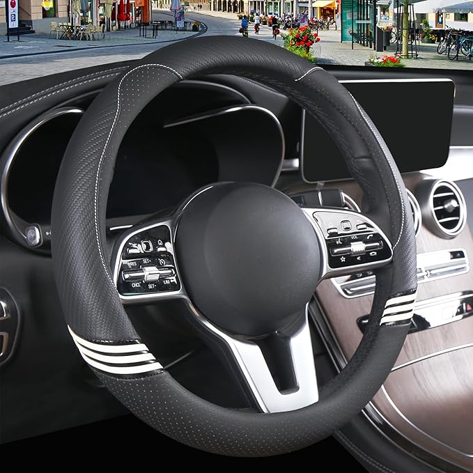 Cute Steering Wheel Cover for Women Men Leather Universal 15 inch,Black