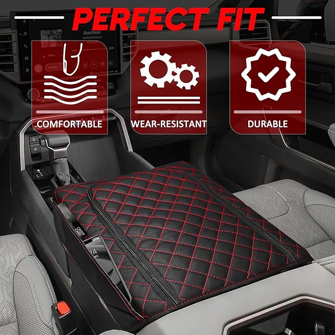 SENSHINE Center Console Armrest Cover for Toyota Tundra 2022-2026/Sequoia 2023-2026 Armrest Seat Stroage Box Cushion Lid Protector Pad with Zipper Leather Interior Accessories, Red Stitches