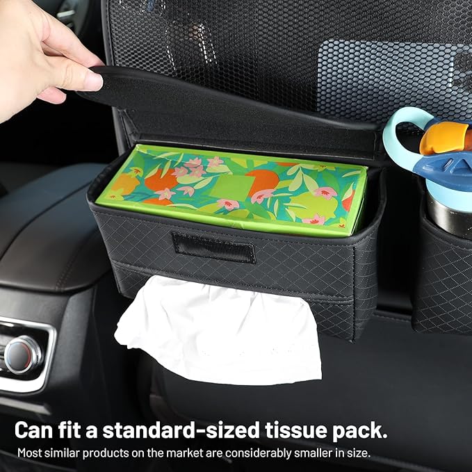PU Leather Car Seat Back Organizer with Kick Mat Protectors, Tissue Holder, Water Bottle Holder, Phone Holder for Road Trips. Black (Black)