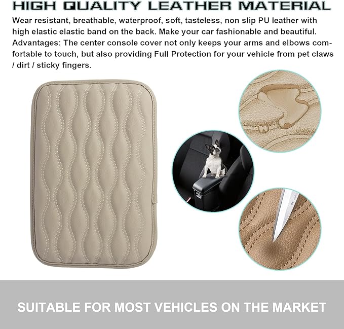 x xotic tech Car Center Console Cushion Pad, Universal Waterproof Leather Armrest Seat Box Cover Protector Auto Interior Accessories for Most Cars, SUV, Truck 7.8" x 12" (Beige)