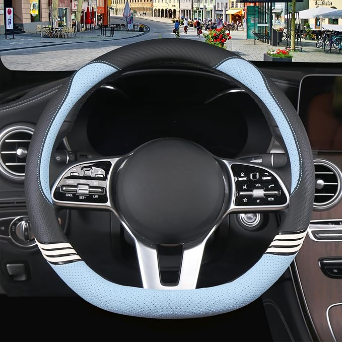 Cute Steering Wheel Cover D Shape for Women Men Breathable Universal 15 inch,Black and Blue