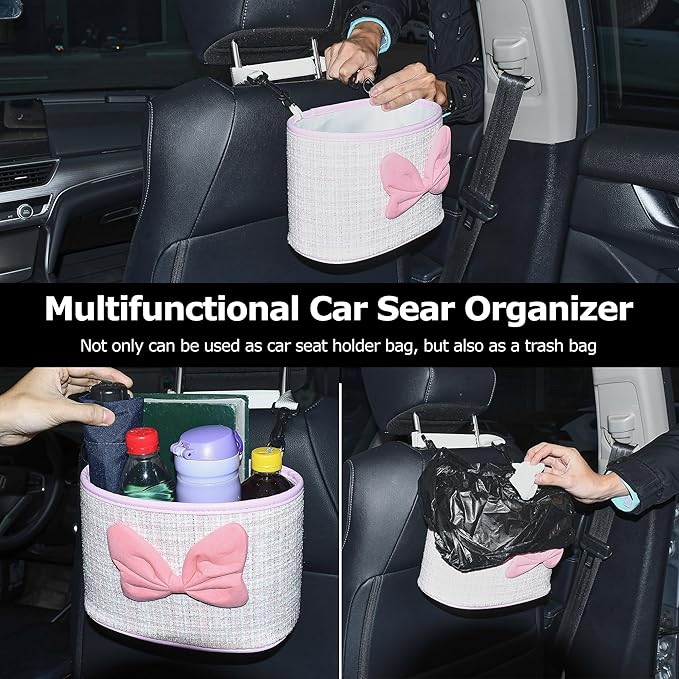 Multifunctional Car Seat Back Organizer Storage Bag Vintage Cotton Linen Hanging Vehicle Organizer for Vehicles Interior Organizer Accessories, Pink Linen Fabric