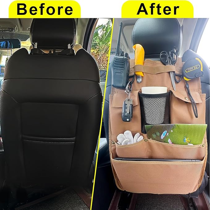 BEATUNEE Car Seat Back Organizer with Multiple Pockets and Hooks (brown)