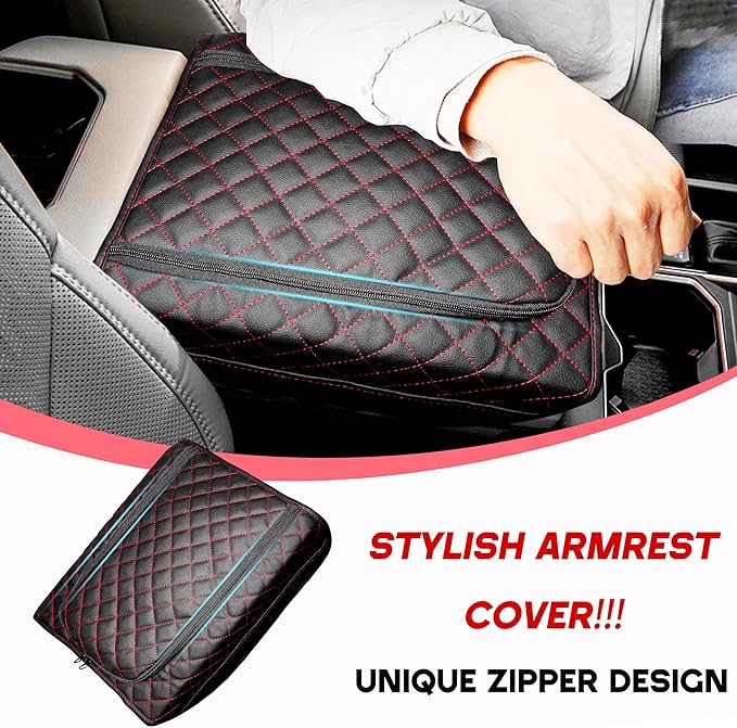 SENSHINE Center Console Armrest Cover for Toyota Tundra 2022-2026/Sequoia 2023-2026 Armrest Seat Stroage Box Cushion Lid Protector Pad with Zipper Leather Interior Accessories, Red Stitches