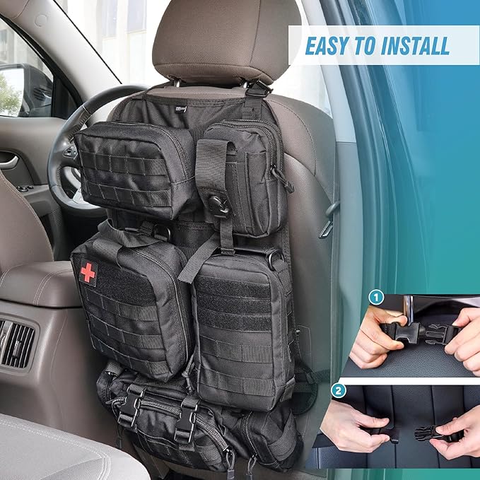 STUFFSTASH Tactical Seat Back Organizer Vehicle Molle Panel Organizer Storage Bags with 5 Detachable Molle Pouches, Extra Long Straps, Universal Car Seat Organizers for Accessories, Fits All Vehicles
