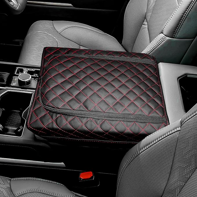 SENSHINE Center Console Armrest Cover for Toyota Tundra 2022-2026/Sequoia 2023-2026 Armrest Seat Stroage Box Cushion Lid Protector Pad with Zipper Leather Interior Accessories, Red Stitches