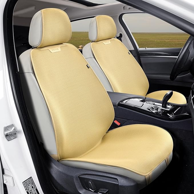 Car Seat Cover Ultra-Thin Ice Silk Woven Fabric, 3D Elastic Fiber Structure with Silicone Non-Slip Base Fabric, (Beige 1)