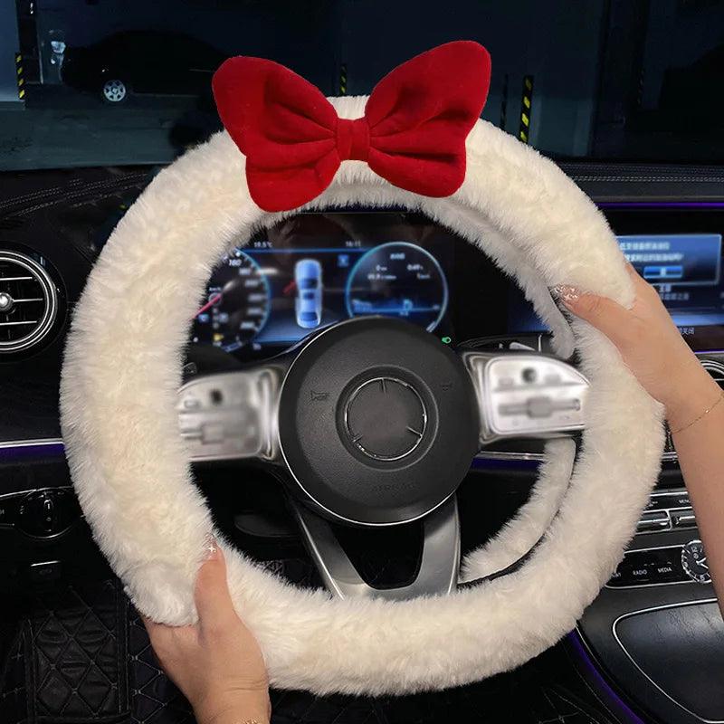 Red Bow Plush Steering Wheel Cover