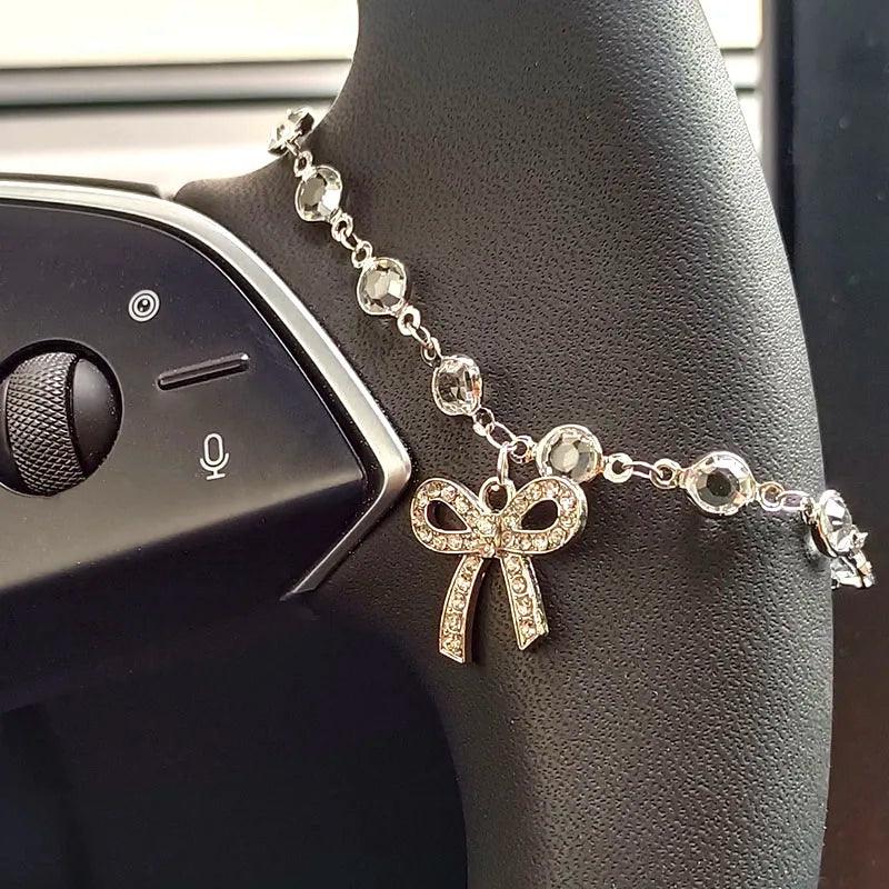Rhinestone Bow Chain Steering Wheel Cover - Elegant Car Interior