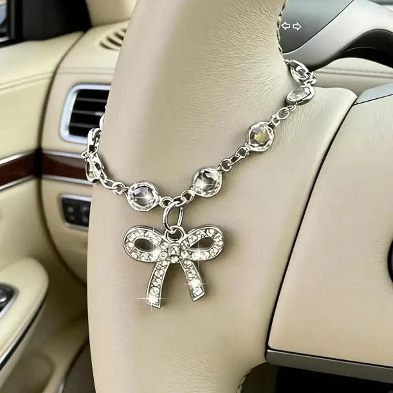 Rhinestone Bow Chain Steering Wheel Cover - Elegant Car Interior