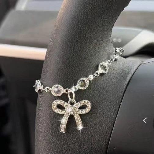 Rhinestone Bow Chain Steering Wheel Cover - Elegant Car Interior
