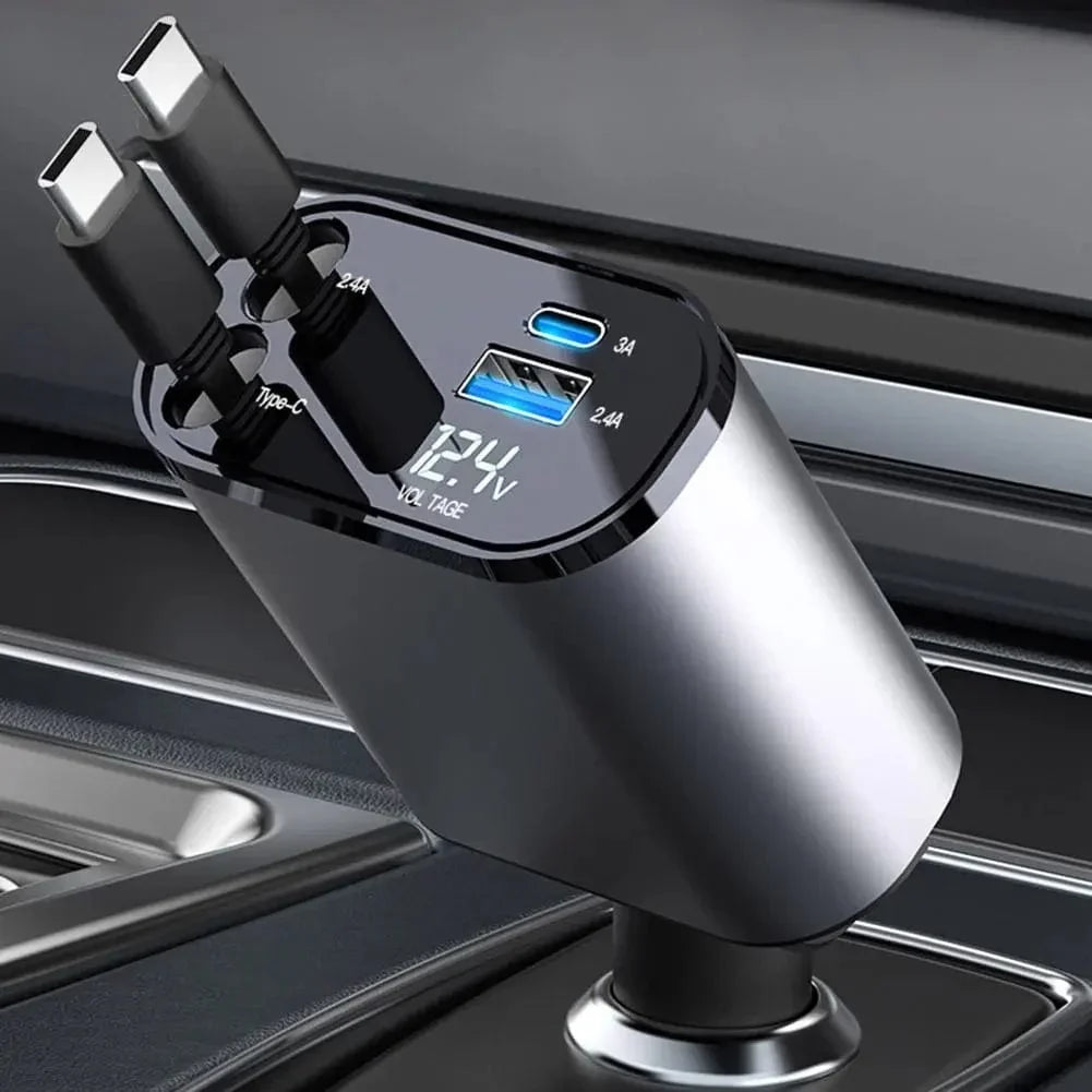 4-in-1 Retractable Super-Fast Car Charger, USB Type C Cable for iPhone & Samsung