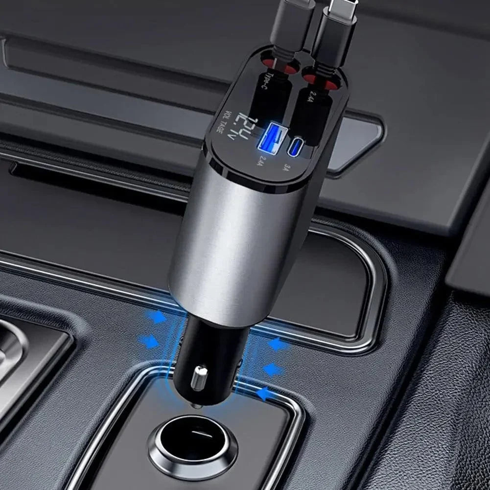 4-in-1 Retractable Super-Fast Car Charger, USB Type C Cable for iPhone & Samsung