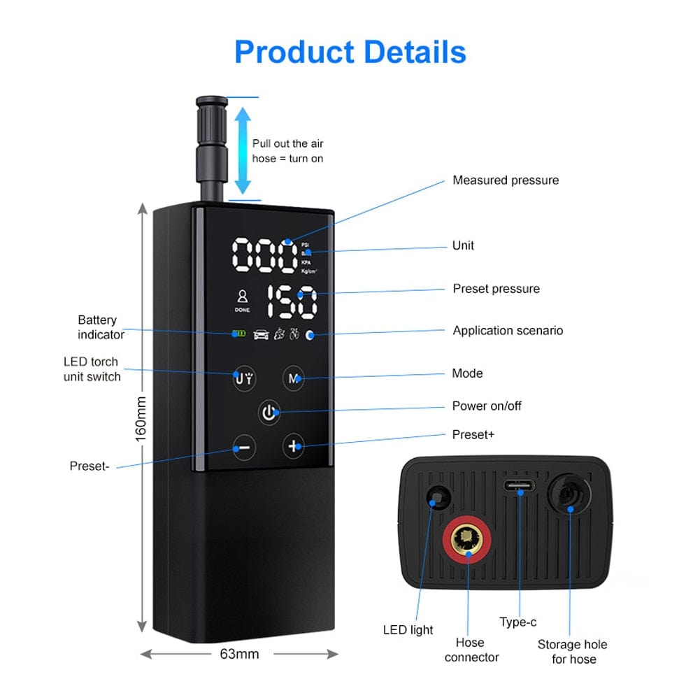 Cordless LED Touchscreen 150PSI Rechargeable Air Compressor