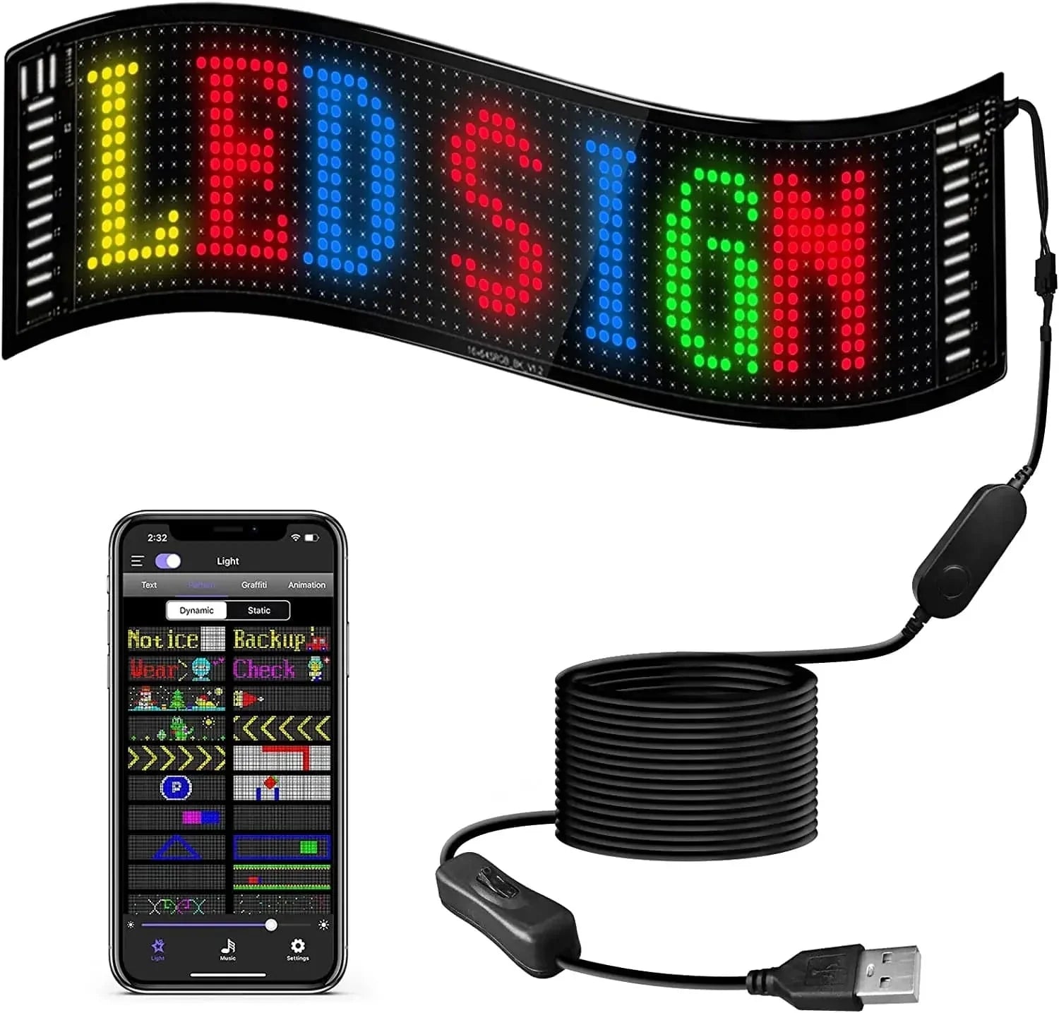 LED Car Sign, Programmable LED Matrix Panel, Flexible Screen Display Animation Message Scrolling Sign, APP Control for Cars, Shop, Bar, Party Festival