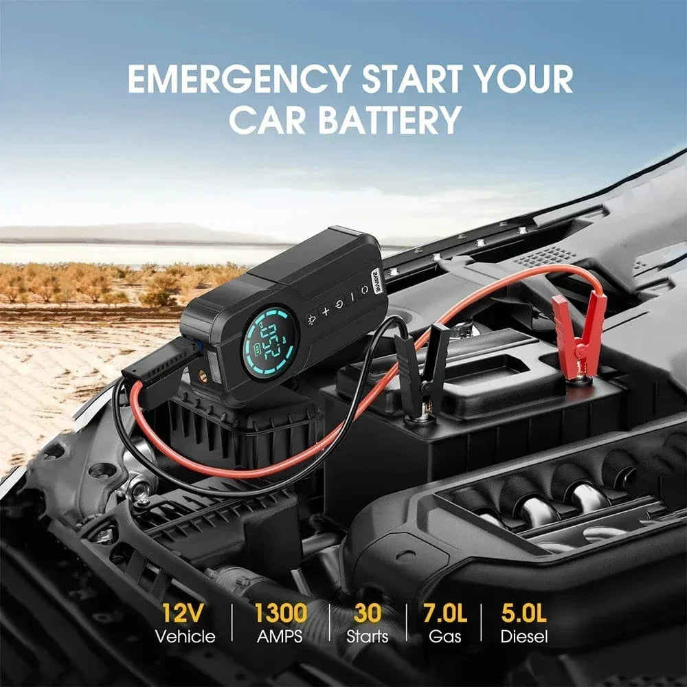 Portable Car Jump Starter with Air Compressor, Jump Starter Battery Pack, 12V Battery Starter with Digital Display Tire Inflator, Battery Booster with Built-in LED Emergency Light