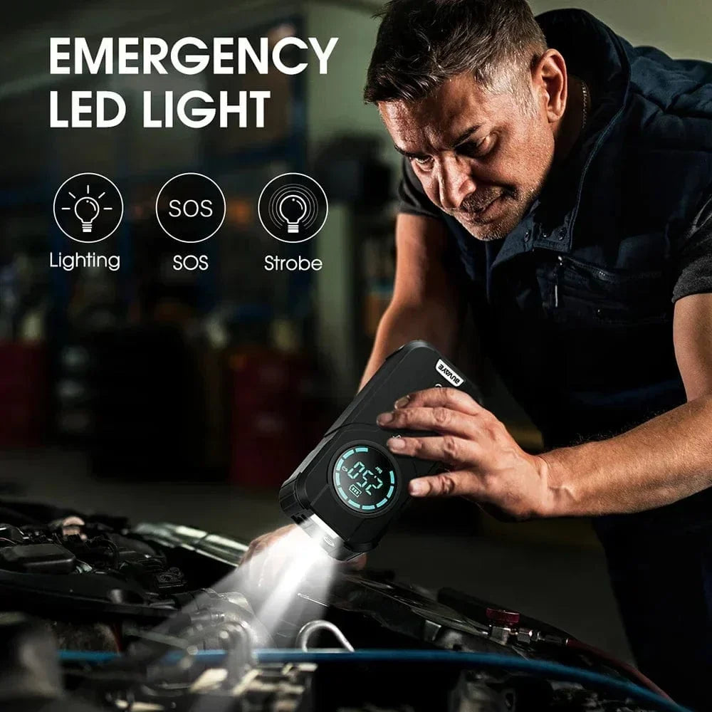 Portable Car Jump Starter with Air Compressor, Jump Starter Battery Pack, 12V Battery Starter with Digital Display Tire Inflator, Battery Booster with Built-in LED Emergency Light